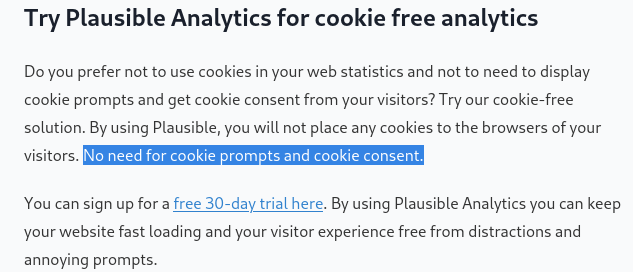 plausible analytics cookie consent disclaimer stating that they don't use cookies and don't need consent